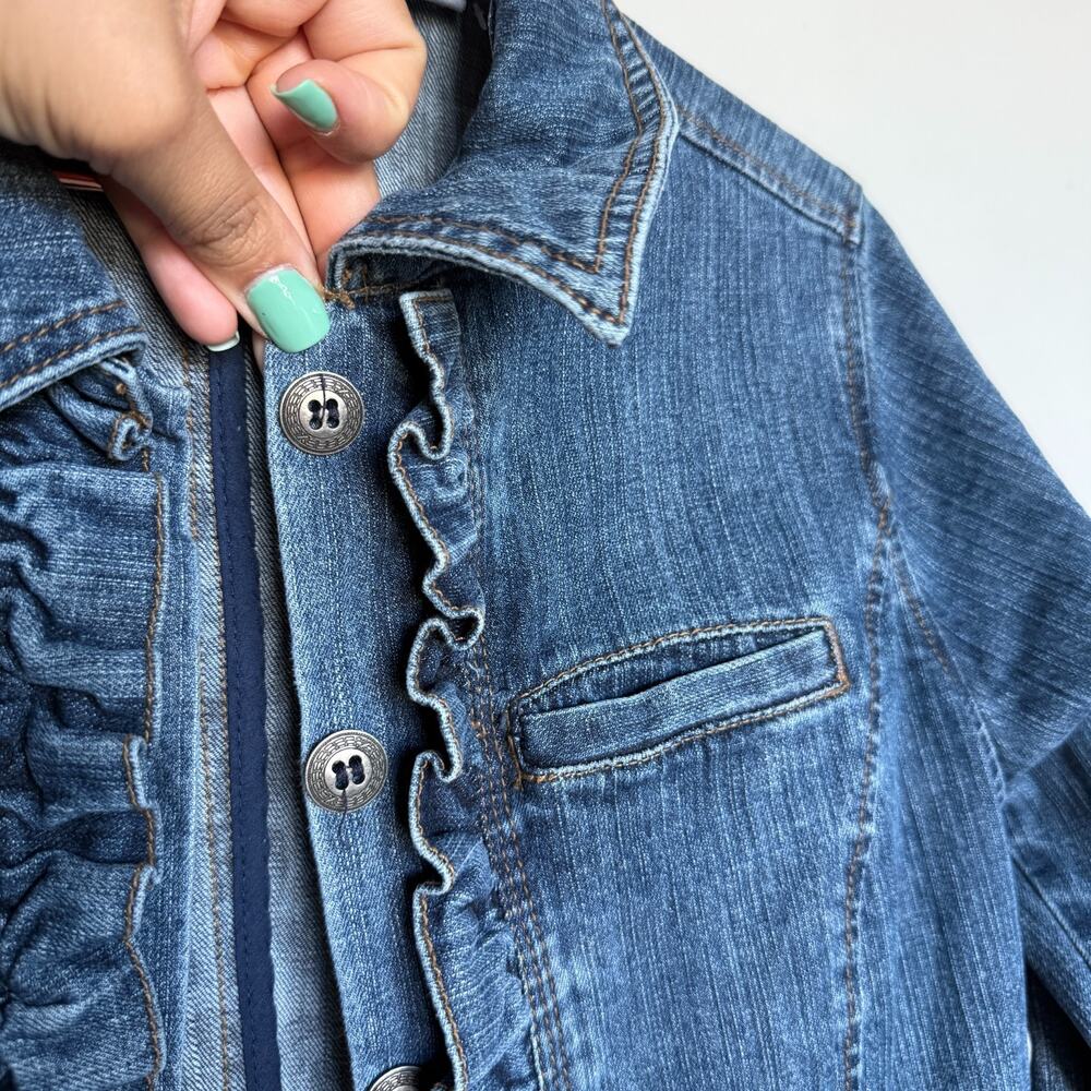 RXB Womens Jacket Medium Denim Collared Ruffle Trim Buttons Y2K Vintage 2000s - Picture 4 of 6